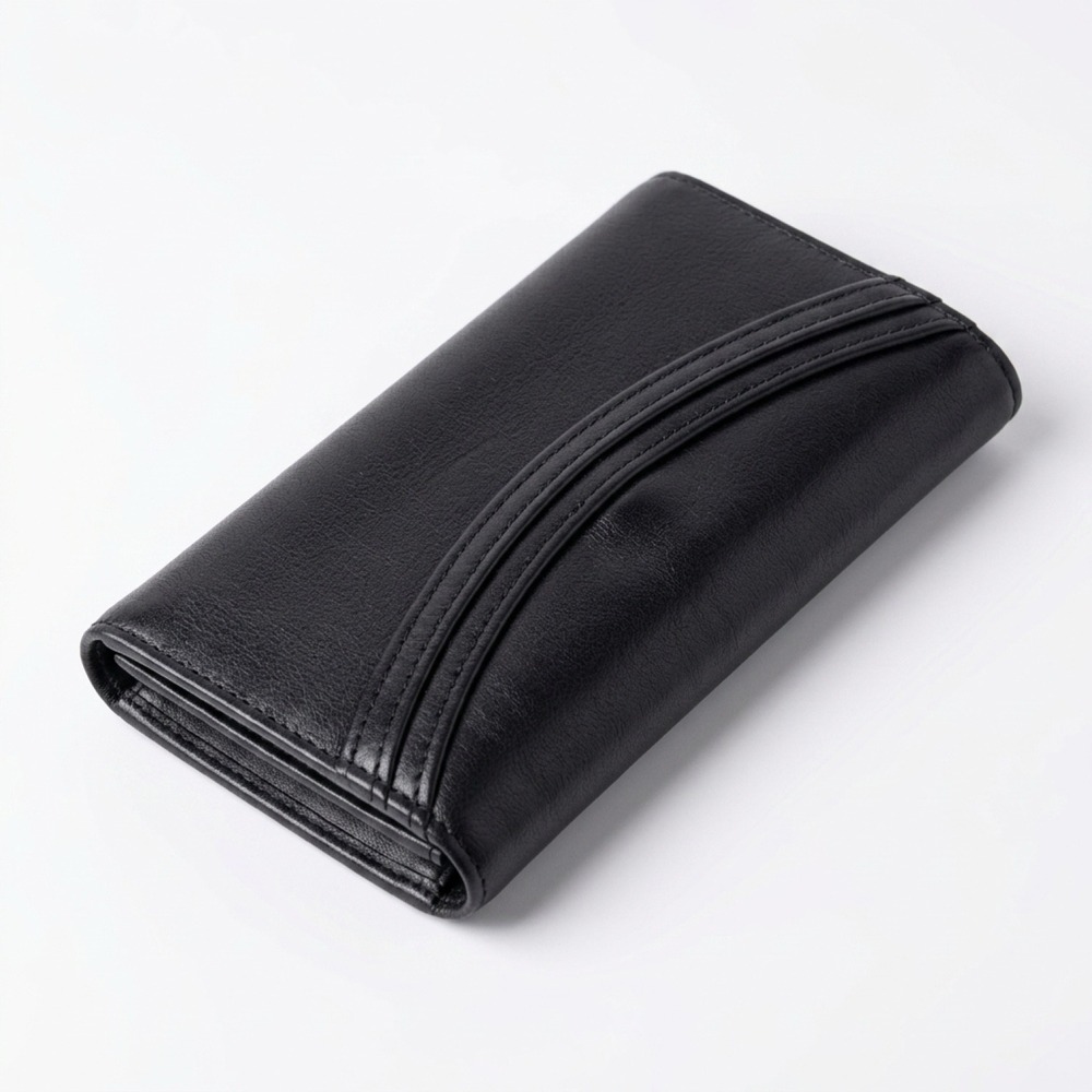 Vintage Black Top Grain Cowhide Leather Trifold Wallet Kiss Lock Coin Pouch